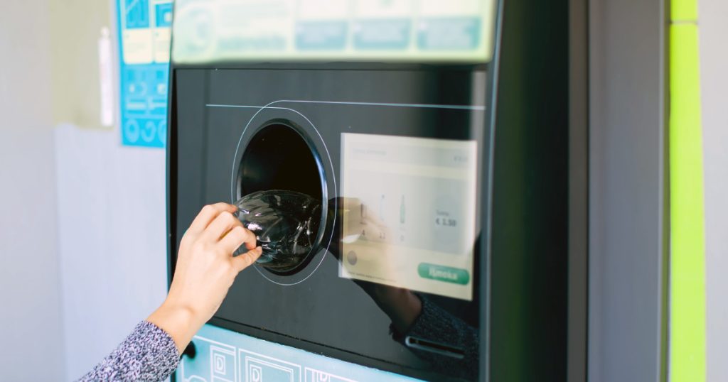 Close up of automatic reverse vending machine for collecting and
