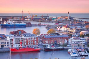 Aerial view of the port in Dunkirk (Dunkerque) by twilight