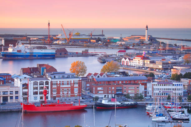 Aerial view of the port in Dunkirk (Dunkerque) by twilight